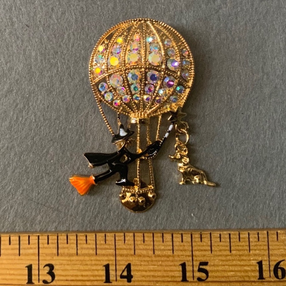 Gold Hot Air Balloon Witch Brooch and her Little Dog Too - Picture 4 of 5